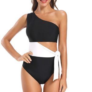 Dixperfect black one piece swimsuit white side tie